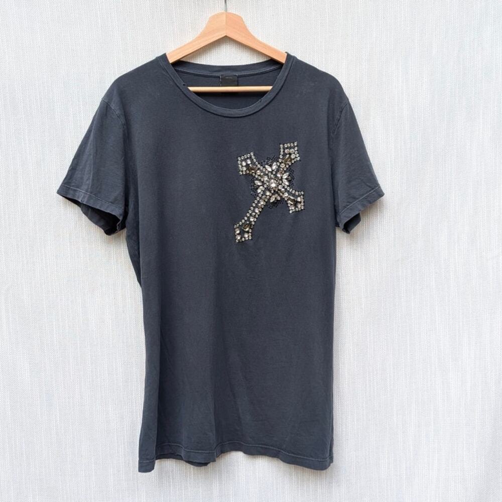 Pinko Black Applique Rhinestone Cross Short Sleeve Tee T-shirt Italy